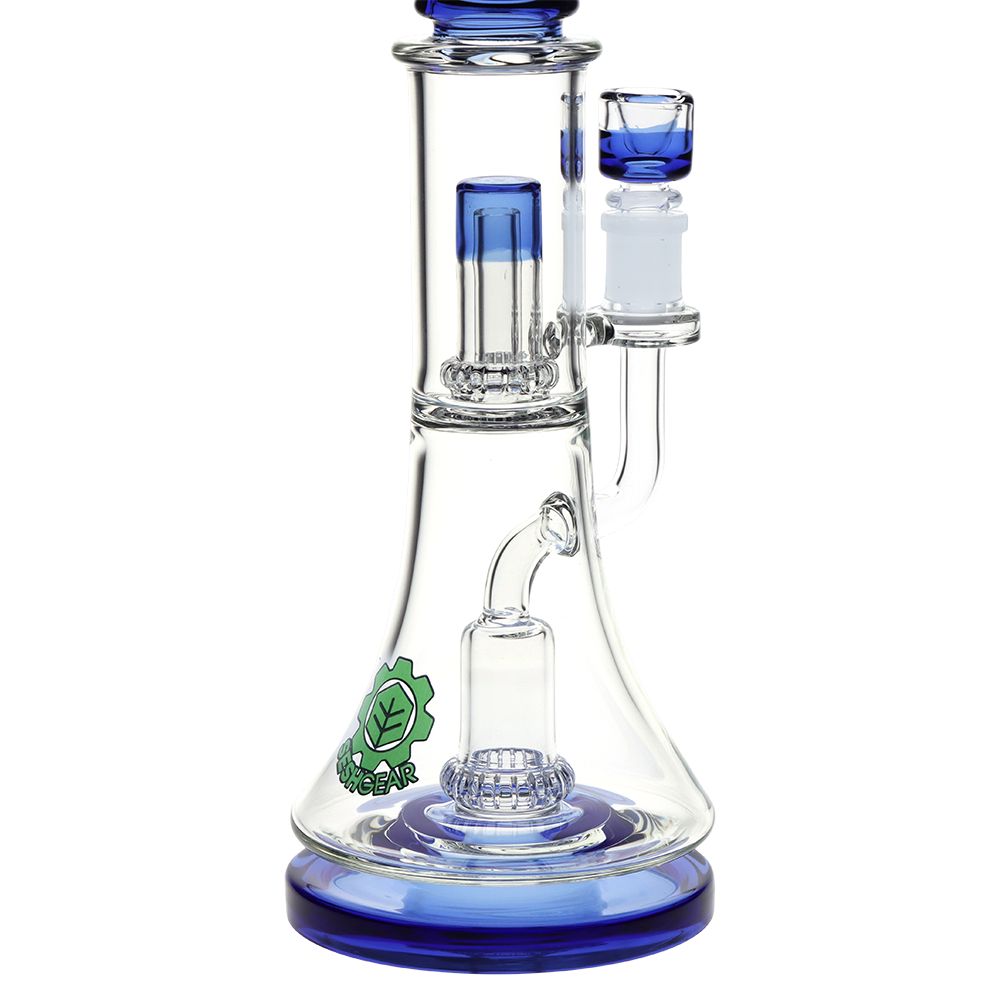 Glass smoking Percolator with blue accents on a white background