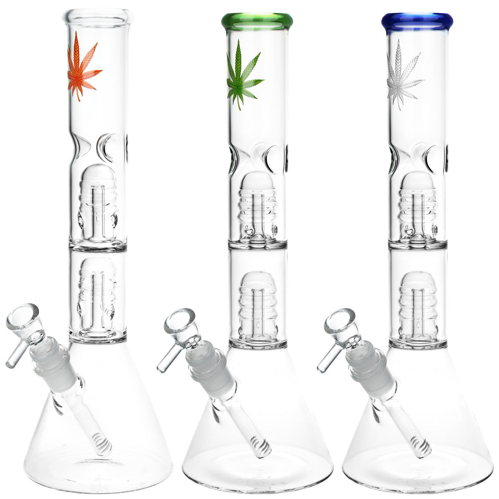 Three glass Double Percolator Glass Water Pipes with colorful tops on a white background