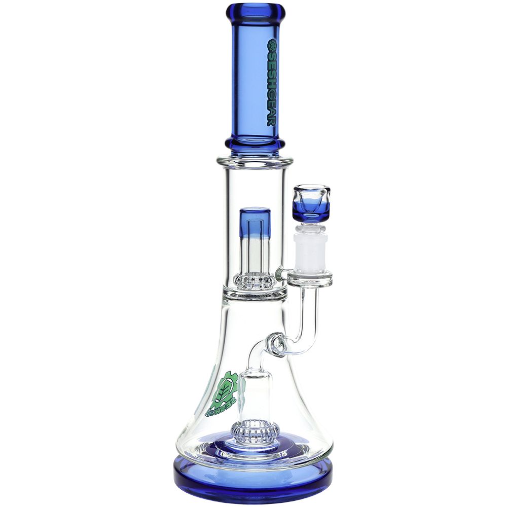 Double Perc Glass water pipe with blue accents on a white background