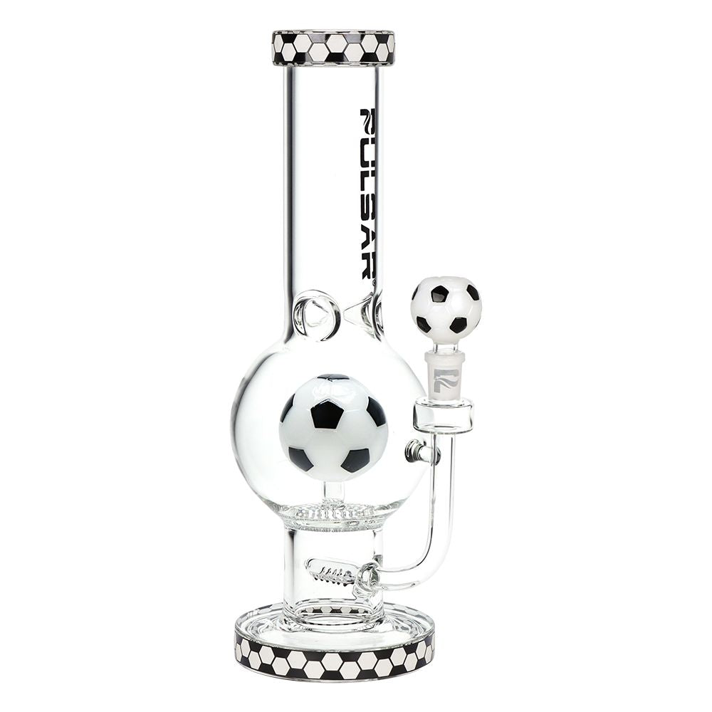 Glass smoking device with soccer ball design on a white background