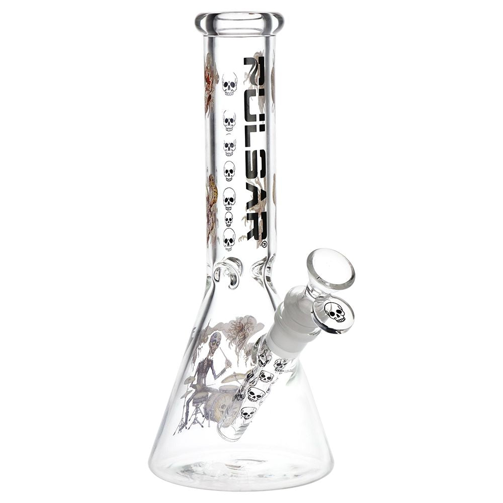 Clear glass beaker water pipe with black and white skull graphics and a clear glass bowl on a white background.