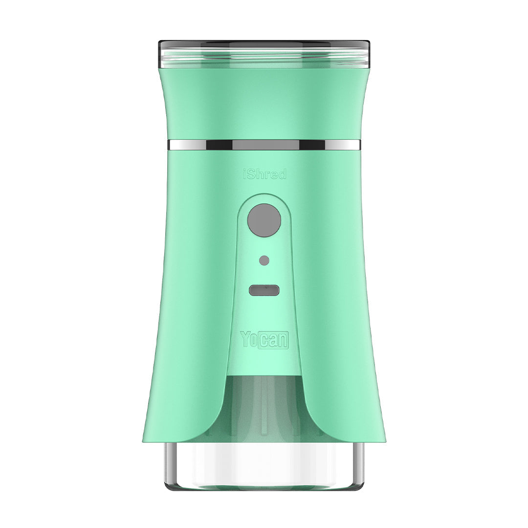 Green ishred Yocan Electric Grinder with a clear container on a white background