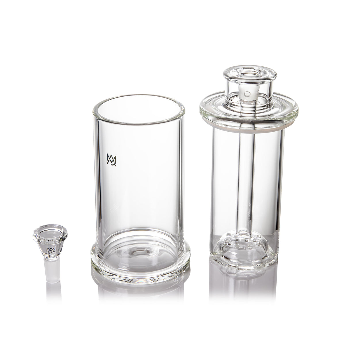 Clear glass smoking accessory gravity bong components on a white background