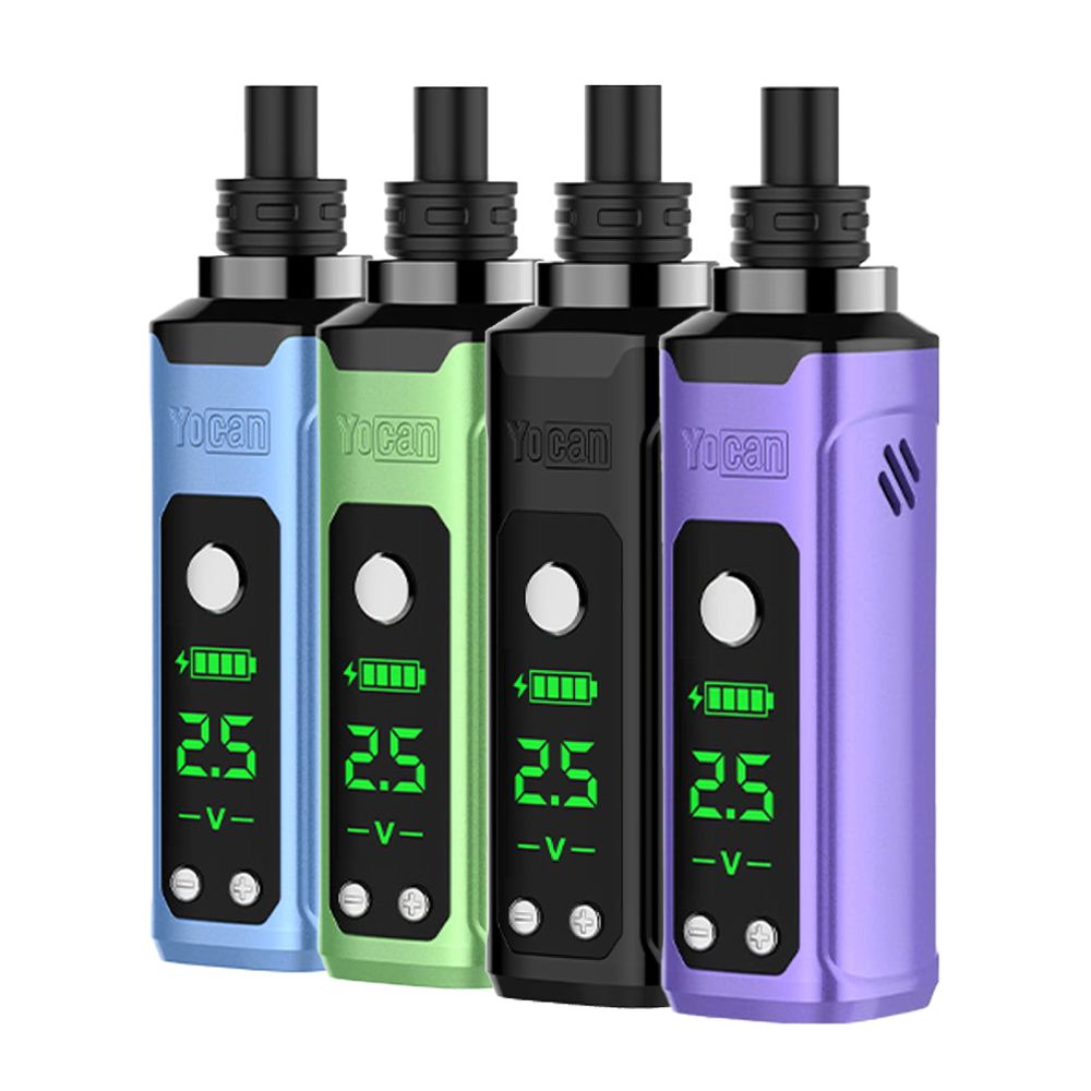 Four Yocan Nestor Wax Vapes electronic devices in blue, green, black, and purple with digital displays on a white background.