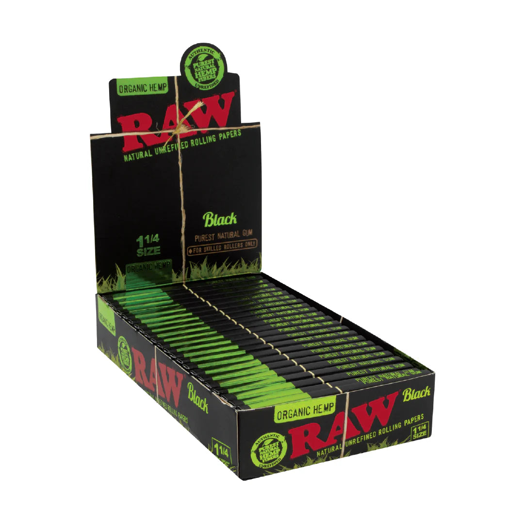 Box of Raw Black rolling papers 1 1/4 on a white background