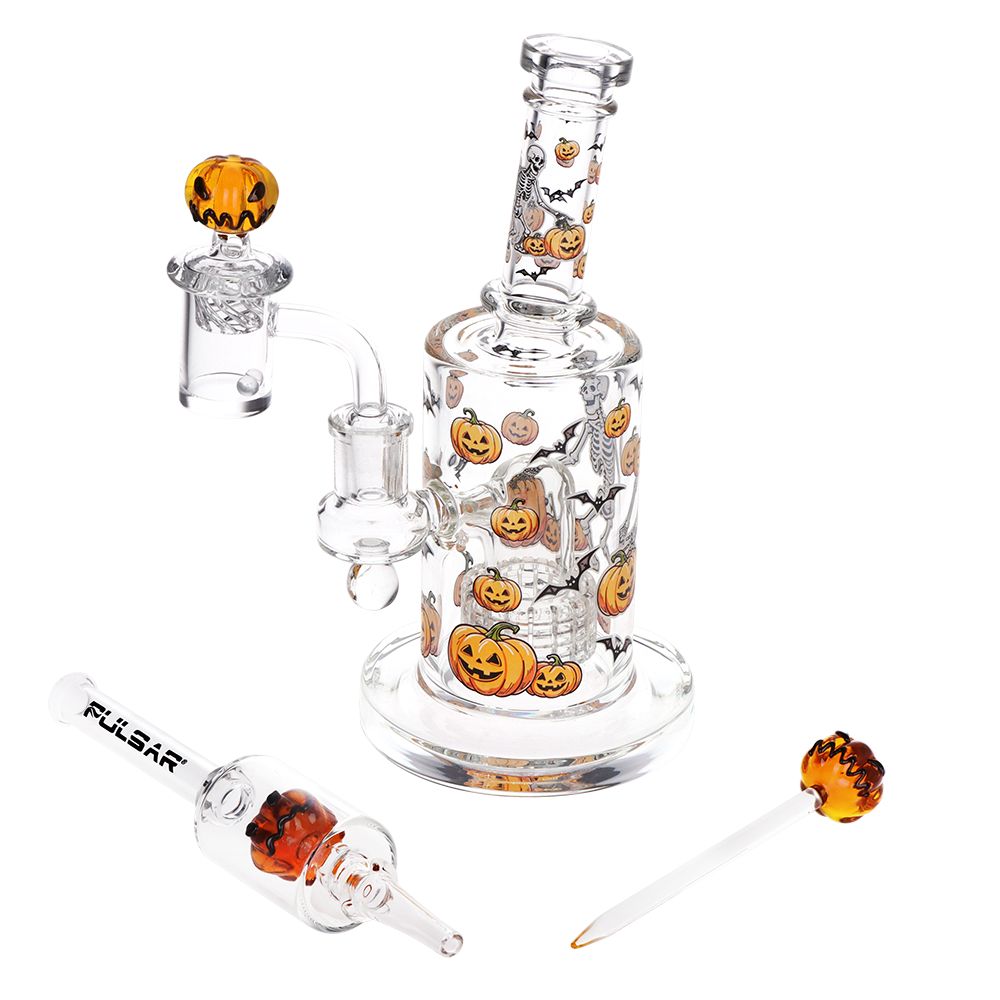 Full Halloween-themed  Glass Dabbing Set  including Percolator Glass Rig, Carb Cap, Dab Straw and a Dab Tool on a white background 