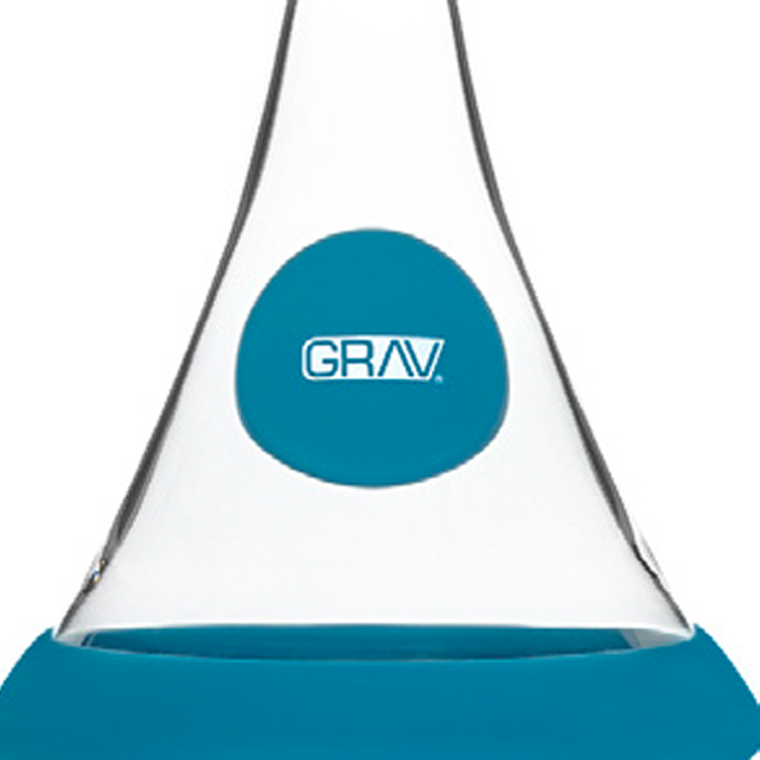 Zoom in of GRAV Logo on beaker bong 