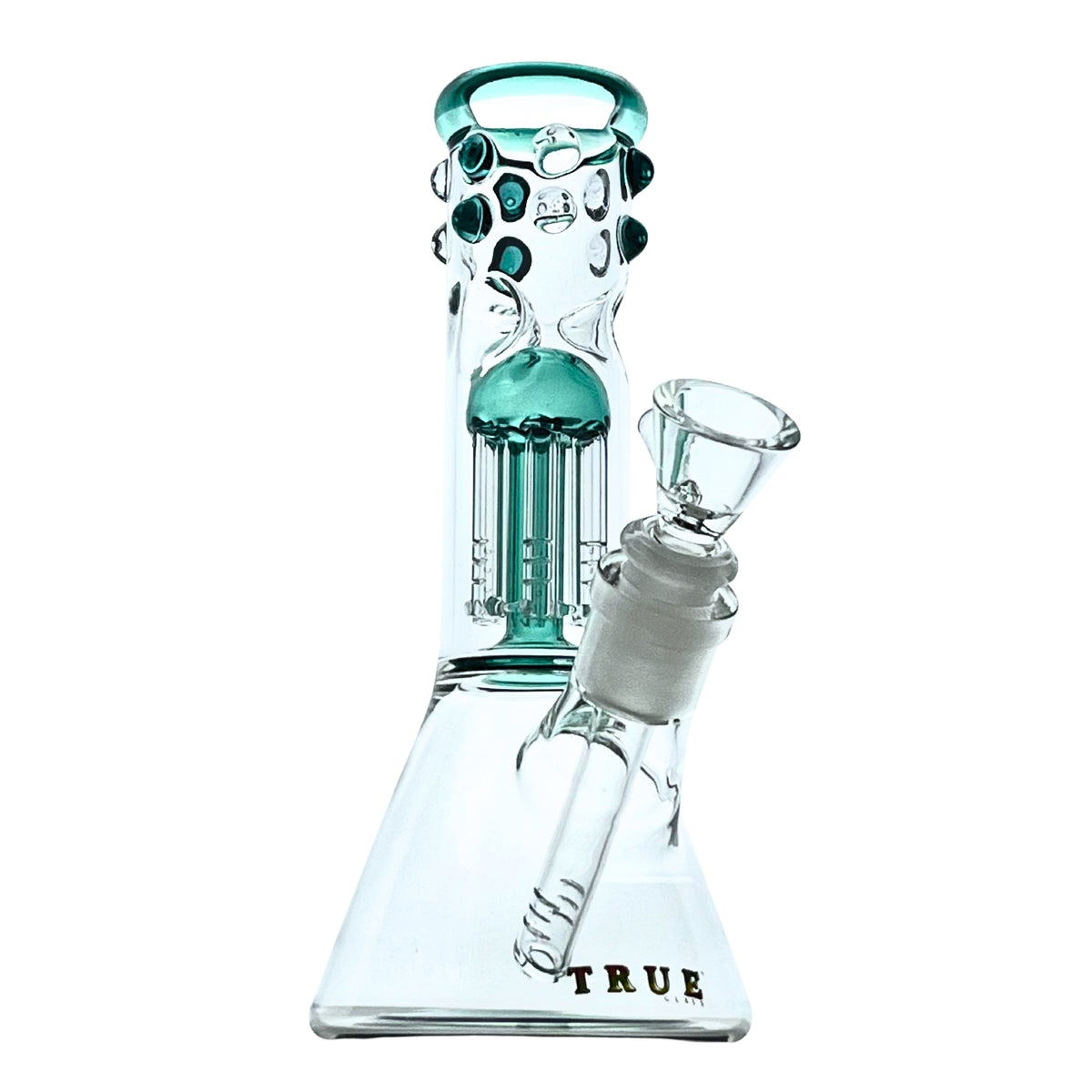Glass percolator bong device with teal interior on a white background