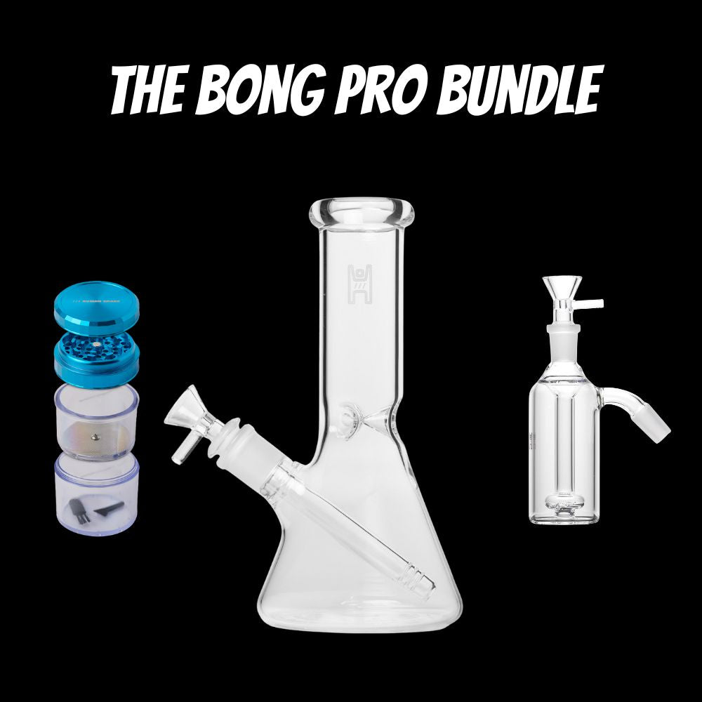 Glass bong and accessories with 'The Bong Pro Bundle' text on a black background