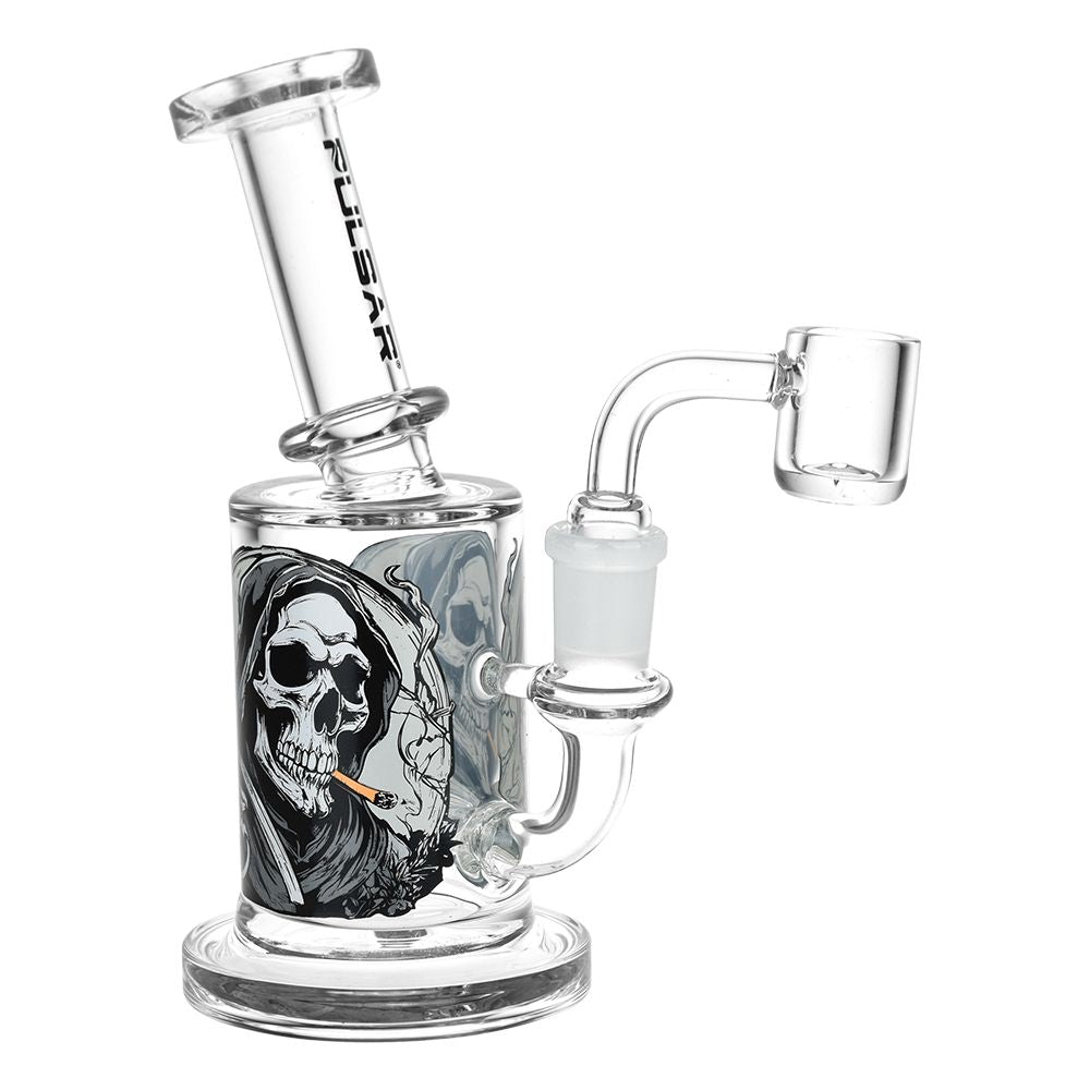 Glass dab rig with a skull design on a white background