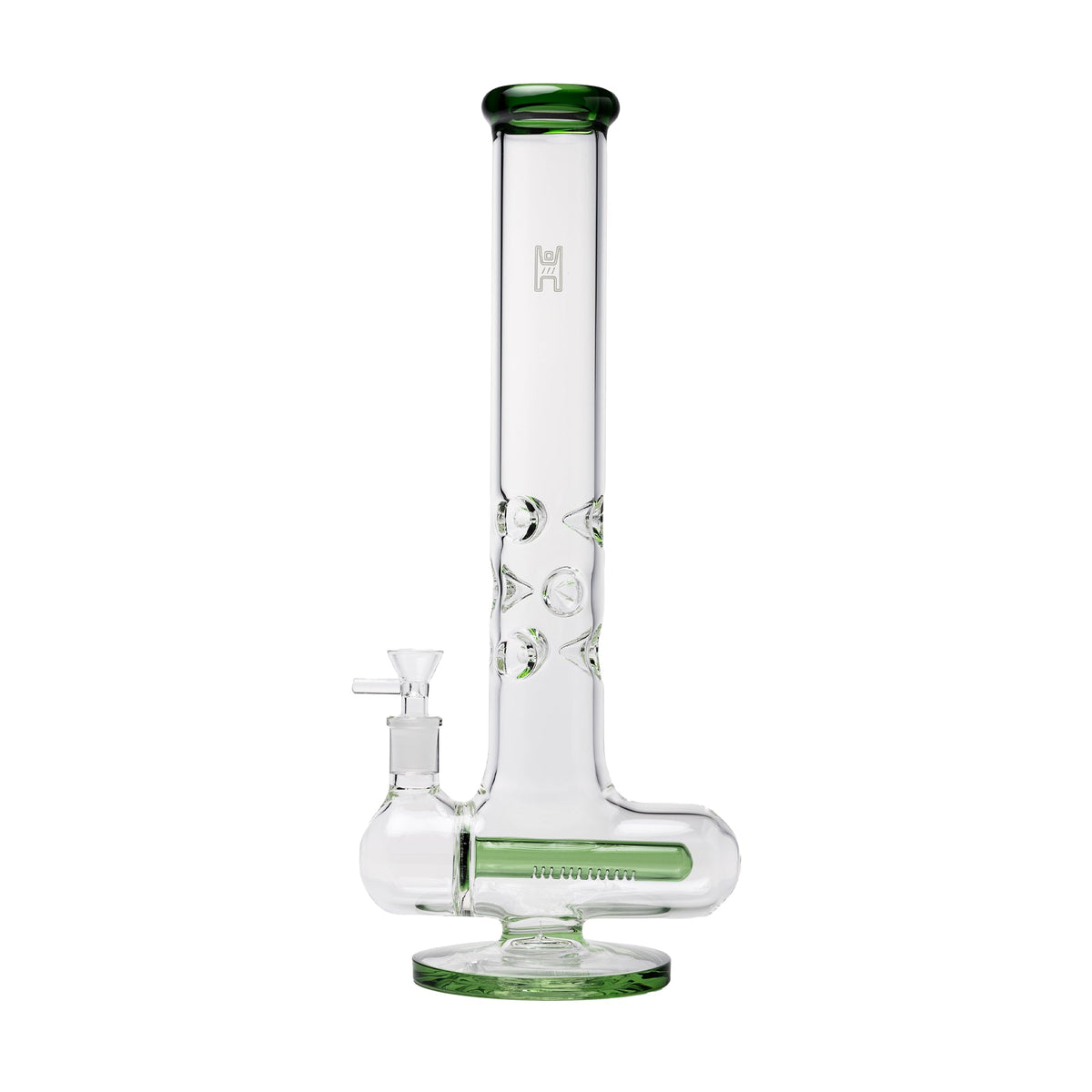 Clear glass XL inline Perc water pipe with green accents on a white background