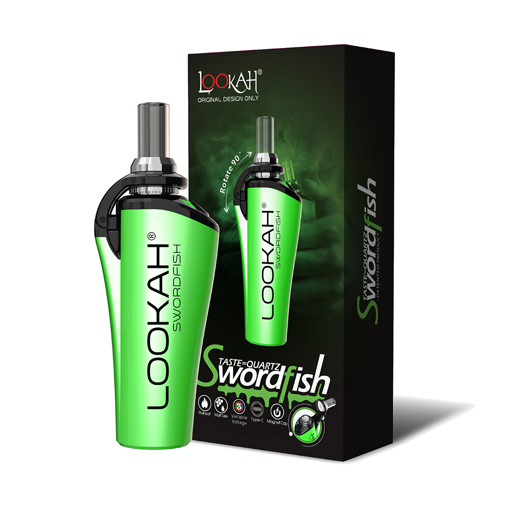 Green Lookah Swordfish vape pen with packaging on a white background