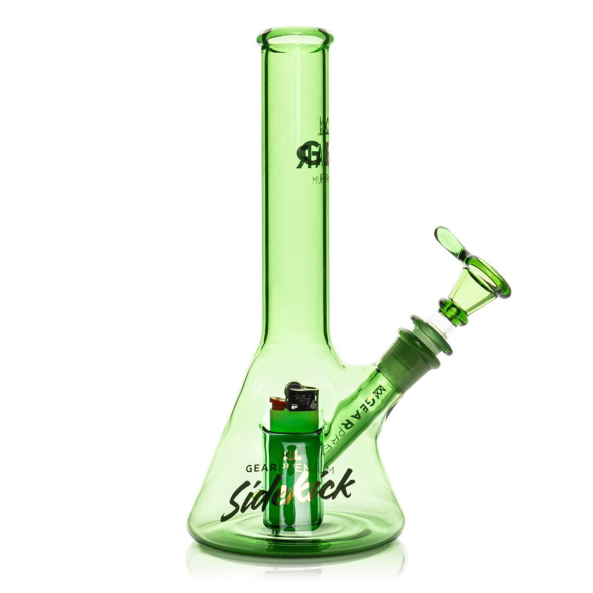 Green glass water pipe with a lighter on a white background