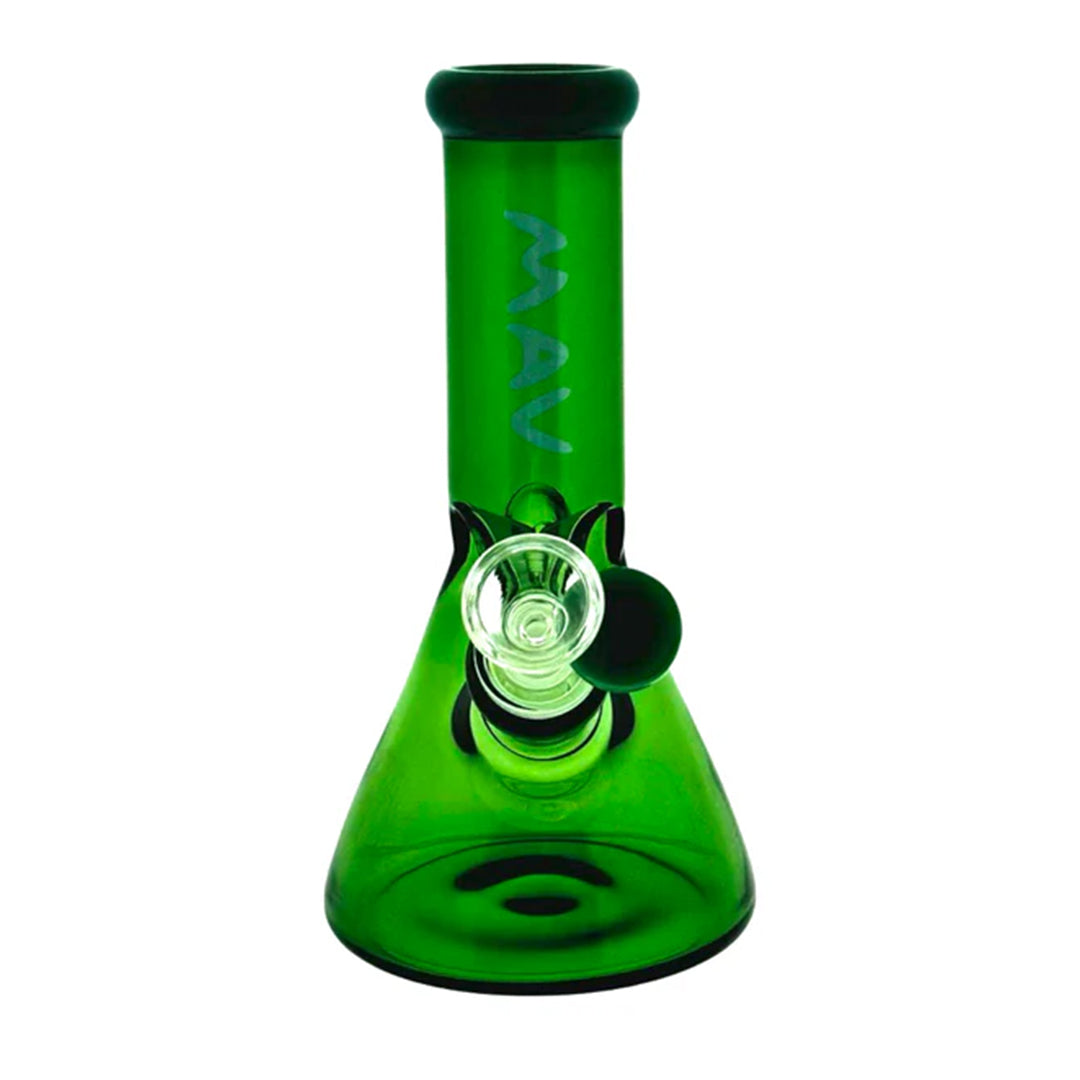 Green glass mini bong with black accents on a white background