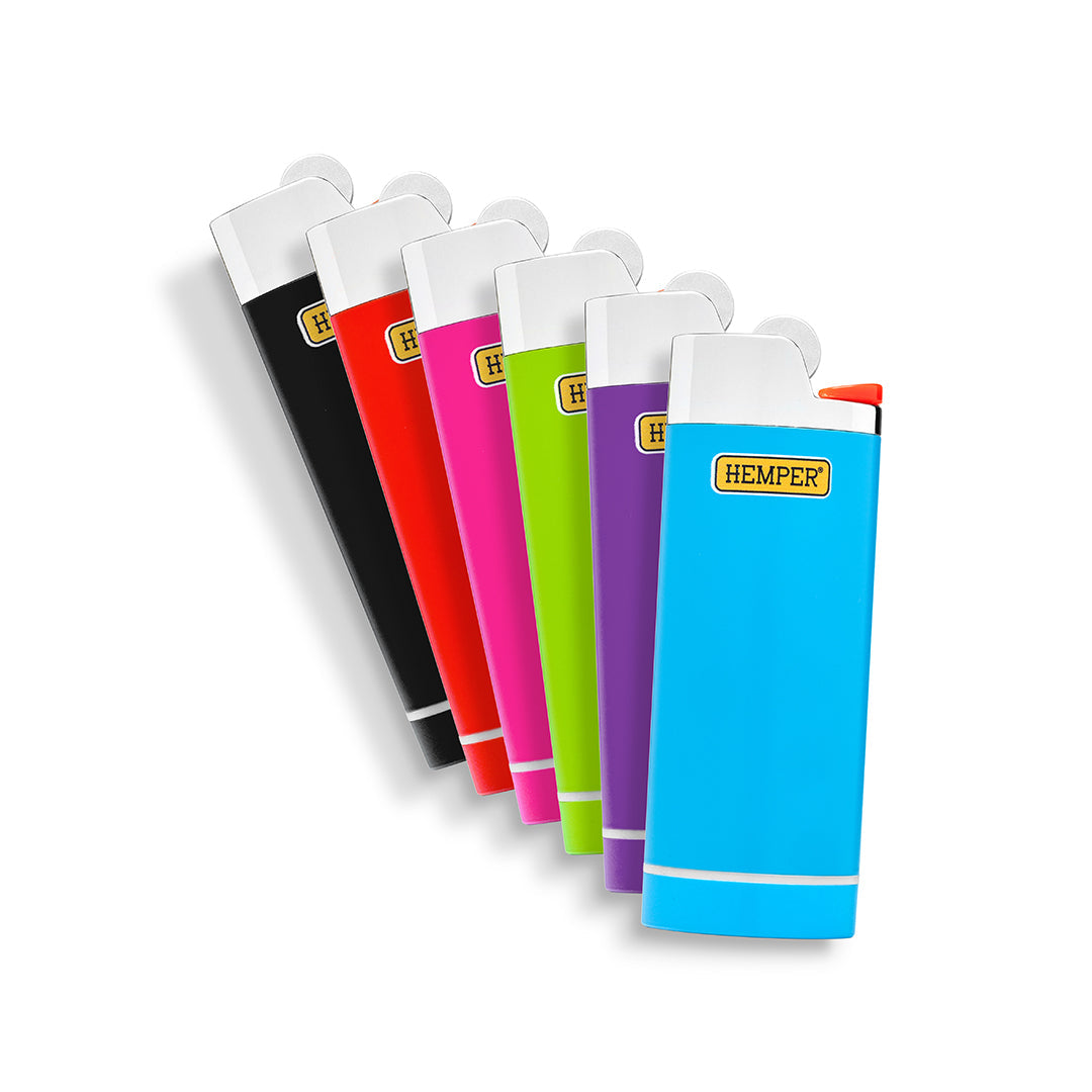 Set of colorful vape batteries disguised like lighters with 'Hemper' branding on a white background