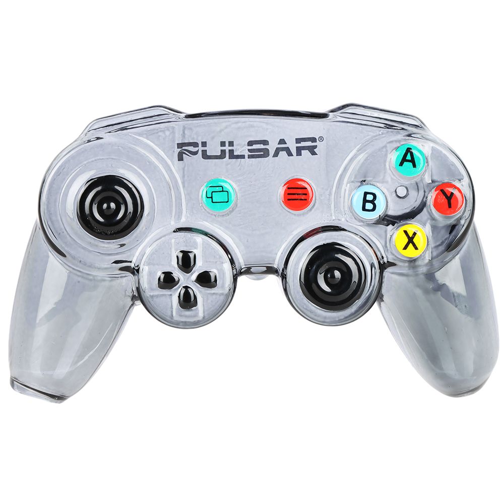 Clear gaming controller glass hand pipe with Pulsar branding on a white background