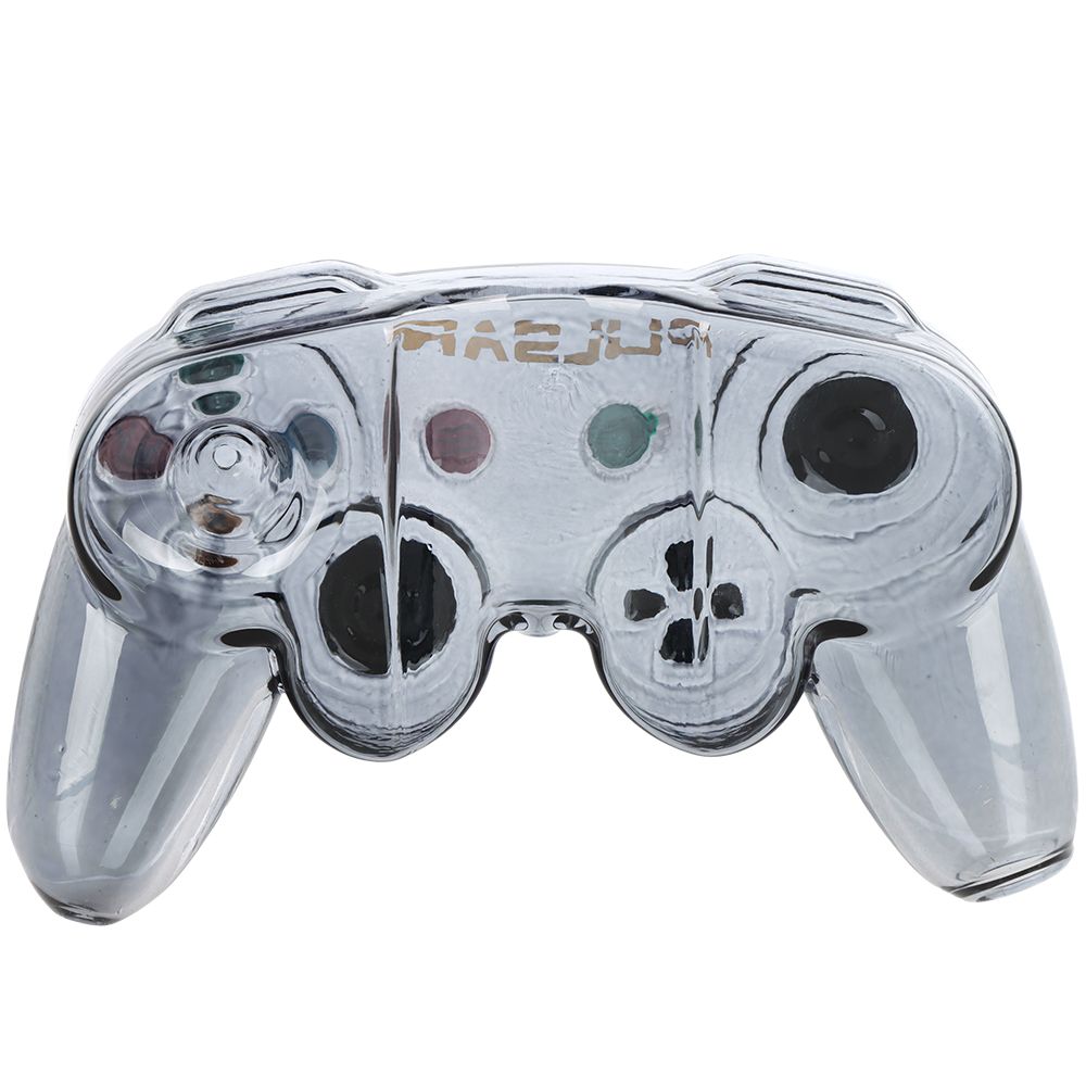 Back image of Clear gaming controller weed pipe with brand name on a white background