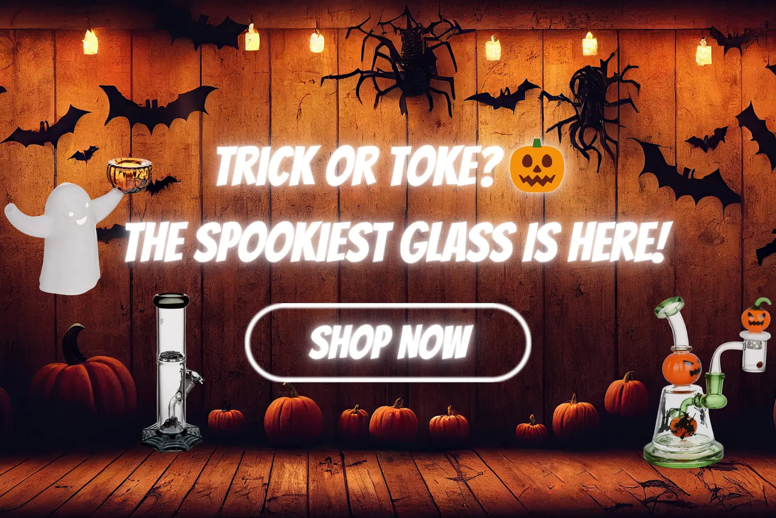 Halloween-themed Bongs promotional graphic with pumpkins, ghosts, and bats on a wooden background.
