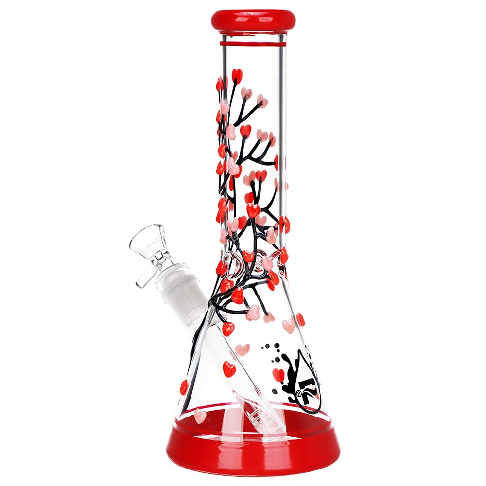 Glass bong device with red and black heart designs on a white background