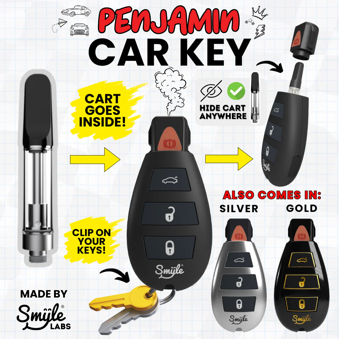 Penjamin Car key with attached vape cart on a white background