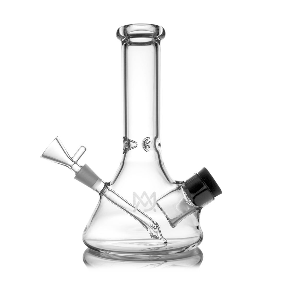 Clear glass water pipe with a black cap on a white background