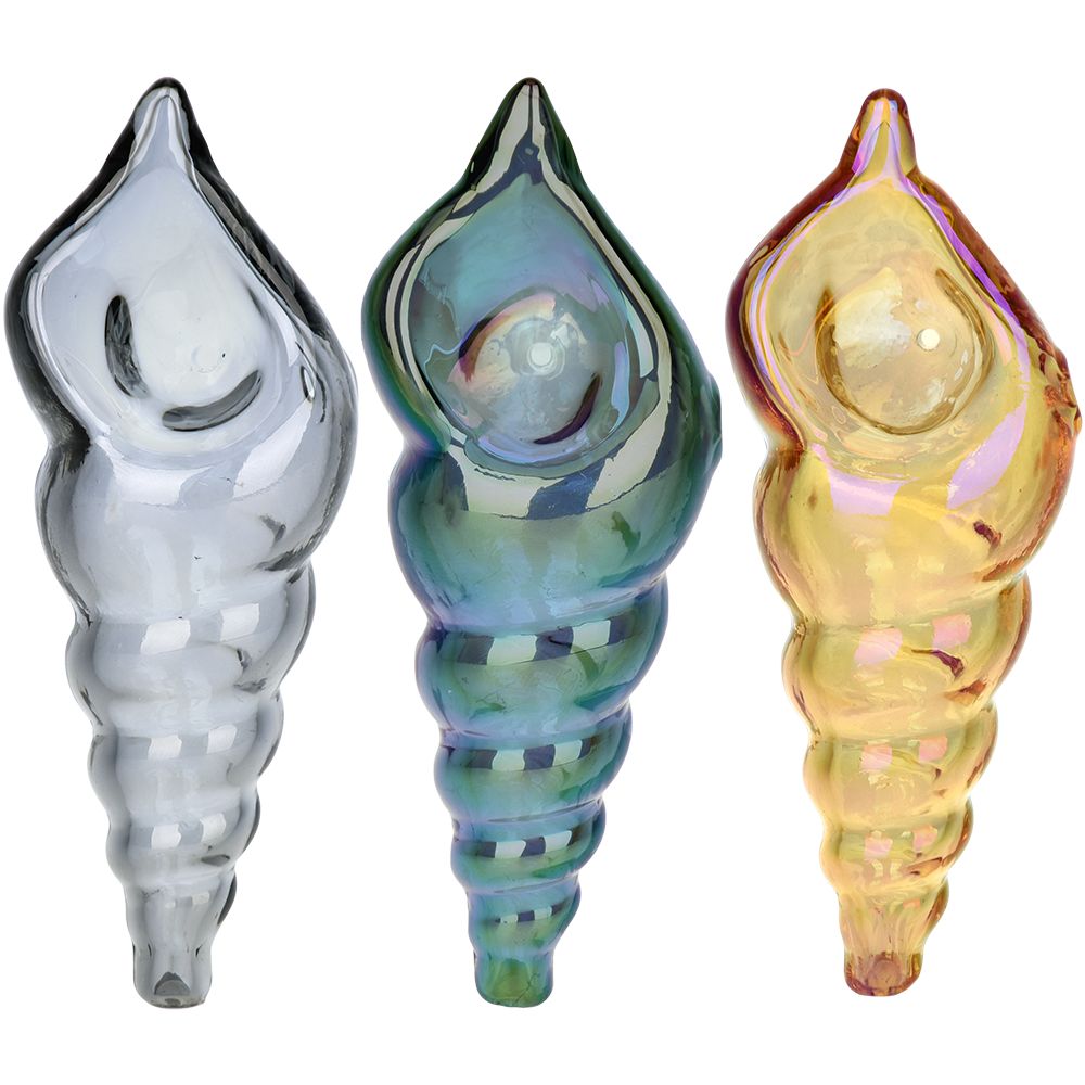 Three glass pipes looking like see shell, each with a unique color and design, on a white background.
