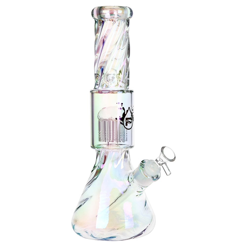 Iridescent Glass smoking Bong with jellyfish percolation with a white background