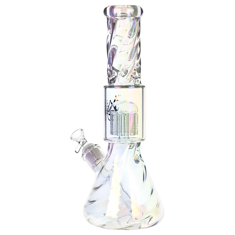 Iridescent glass water pipe with a twisted design on a white background