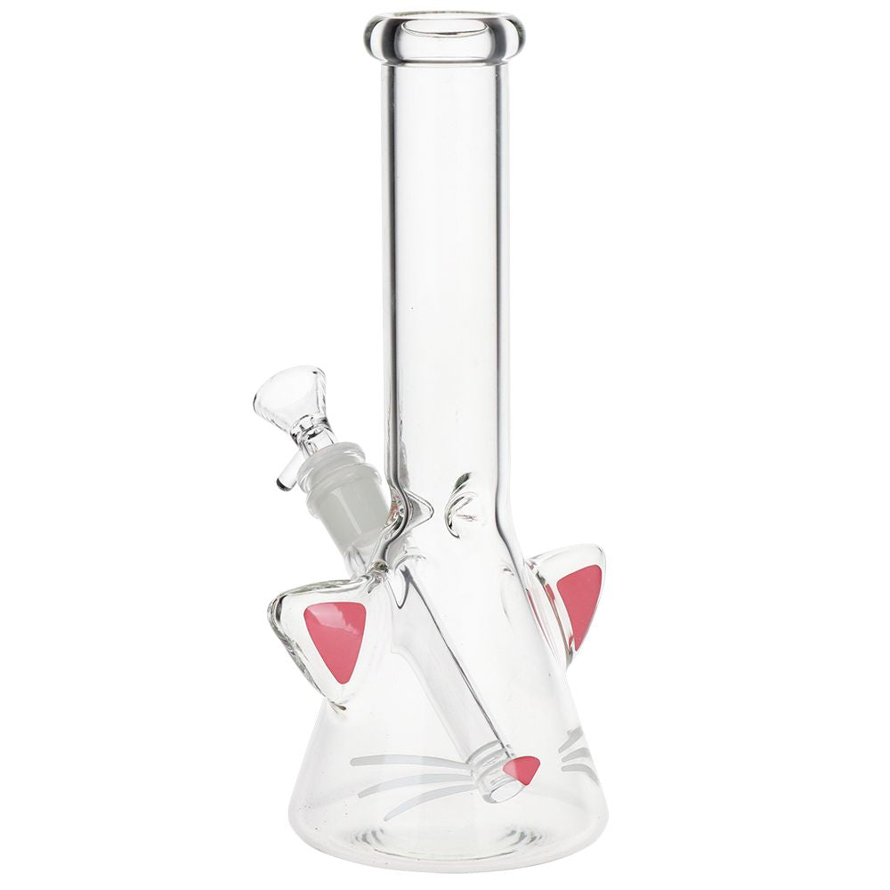 Clear Cat Design glass water pipe with pink accents on a white background