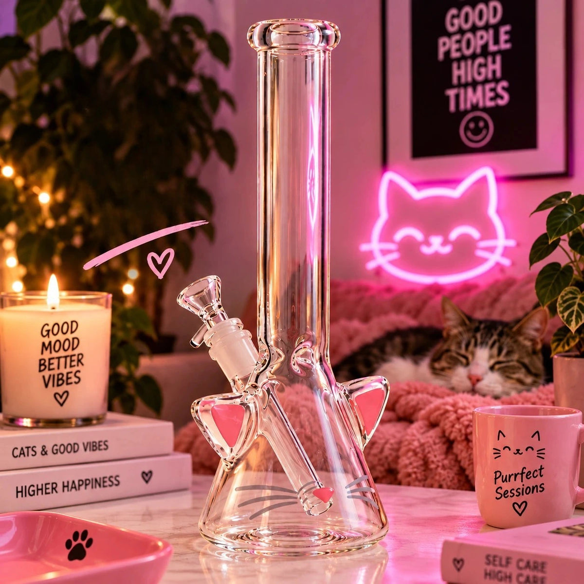 A clear glass water pipe with pink acrylic accents and cat-ear details, displayed on a table in a cozy, pink-lit room with books, a lit candle, a mug, and a sleeping cat in the background.