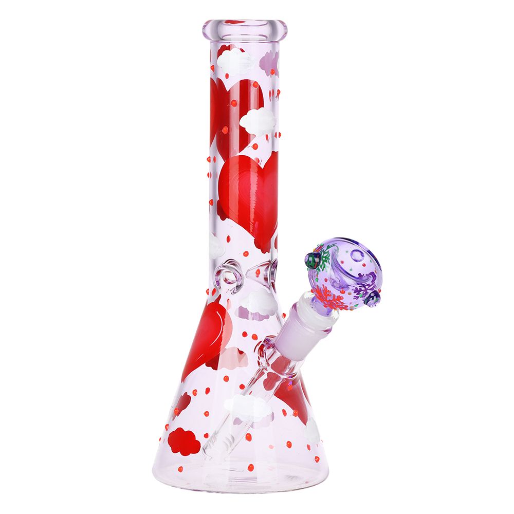 Light Pink Glass Beaker Bong with red Hearts and matching bowl and on a white background