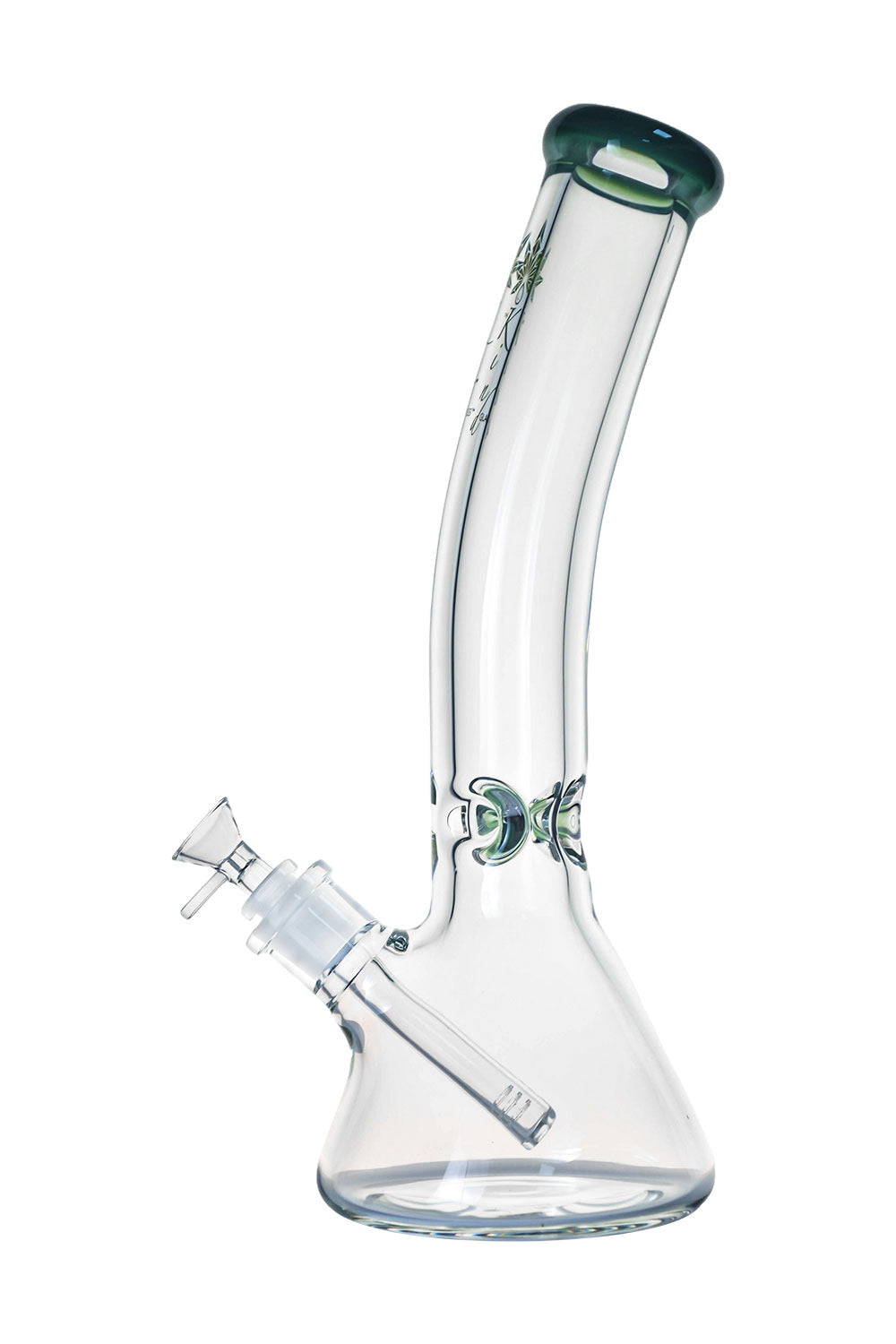 9mm Clear Thick Glass Bent Neck Bong Large Size with Downstem and Flower Bowl on white background.