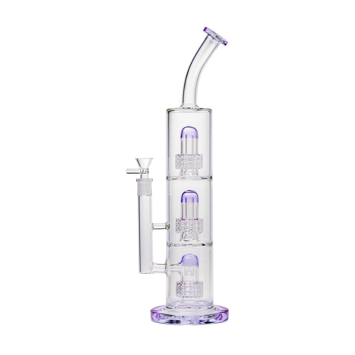 Clear glass water pipe with purple accents on a white background