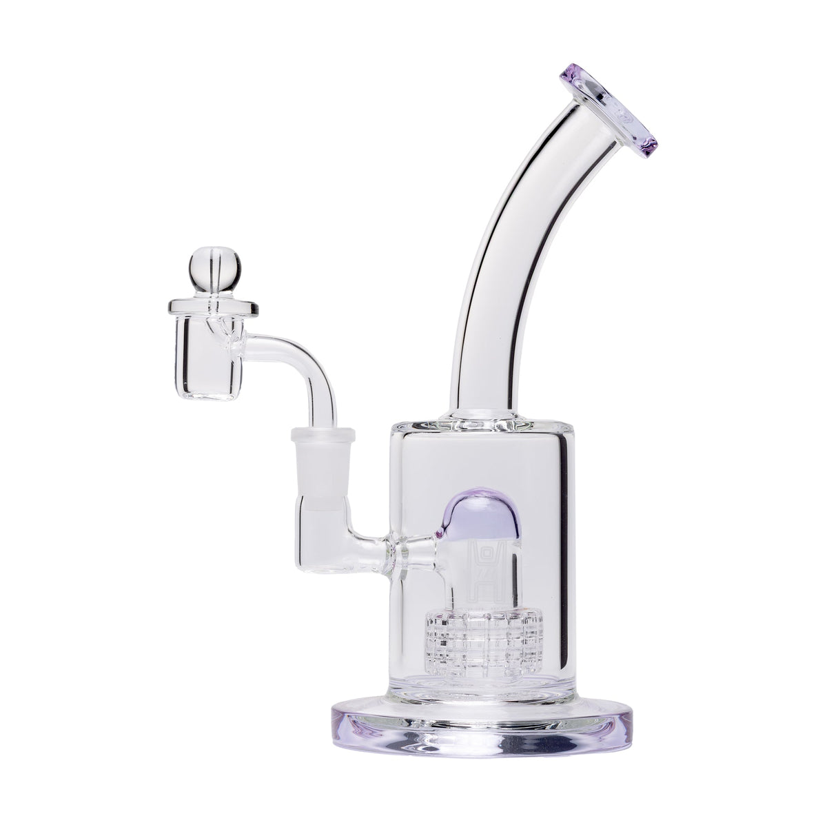 Clear Dab Rig glass water pipe with purple accents on a white background