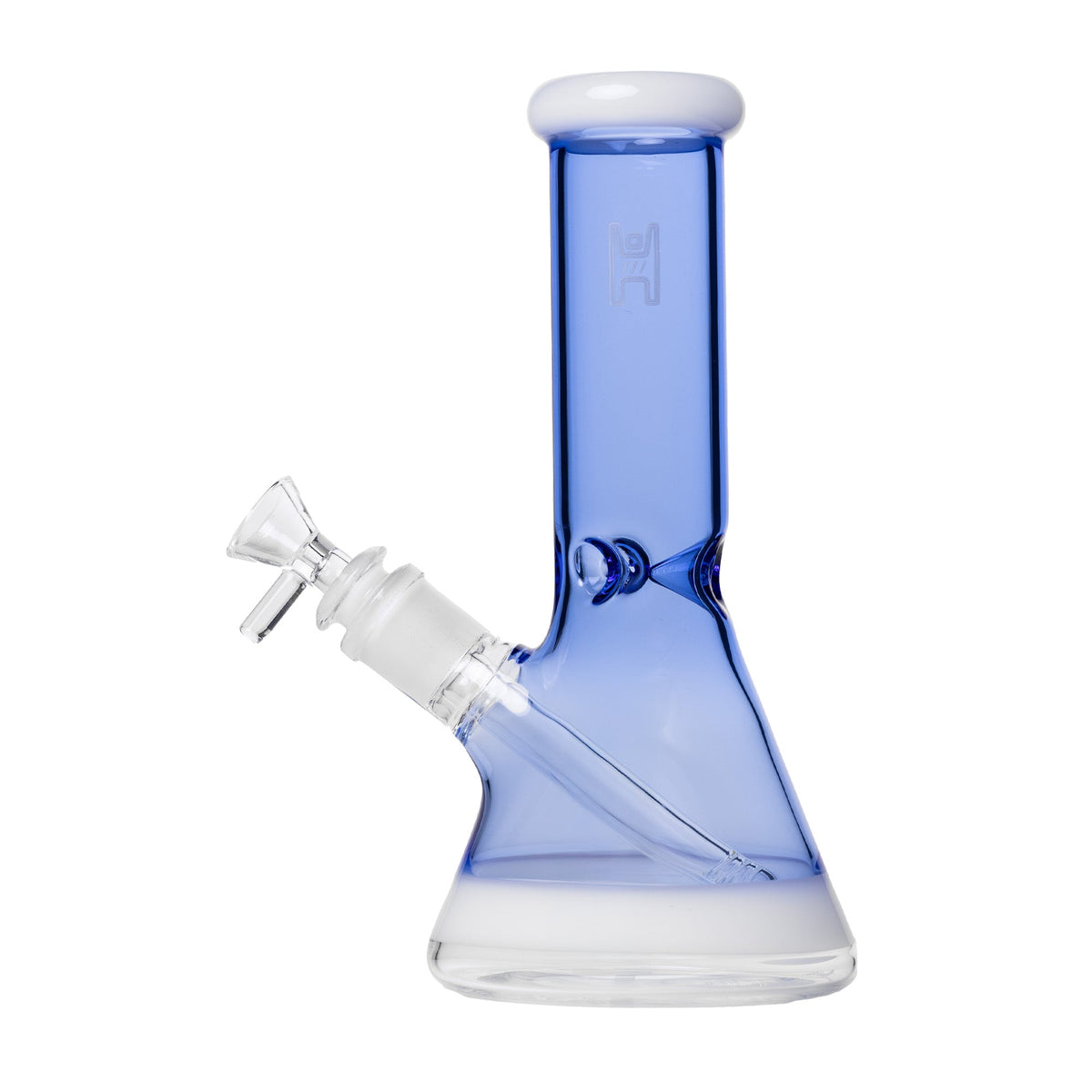 Blue glass Beaker Bong with white accents on a white background