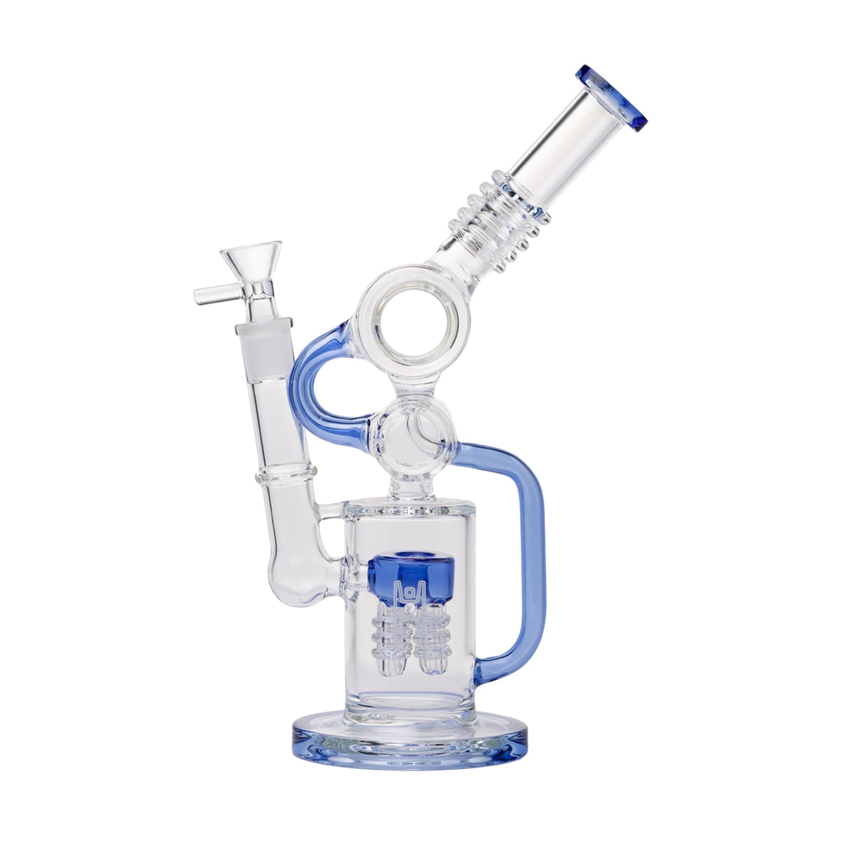 Clear glass water pipe with blue accents on a white background