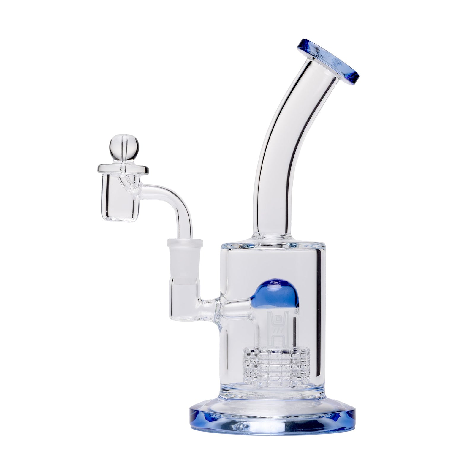 Clear glass Dab Rig water pipe with blue accents on a white background