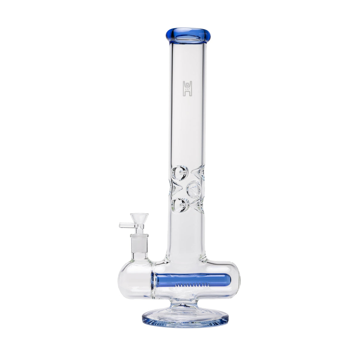 Clear XL glass Inline Percolator water pipe with blue accents on a white background