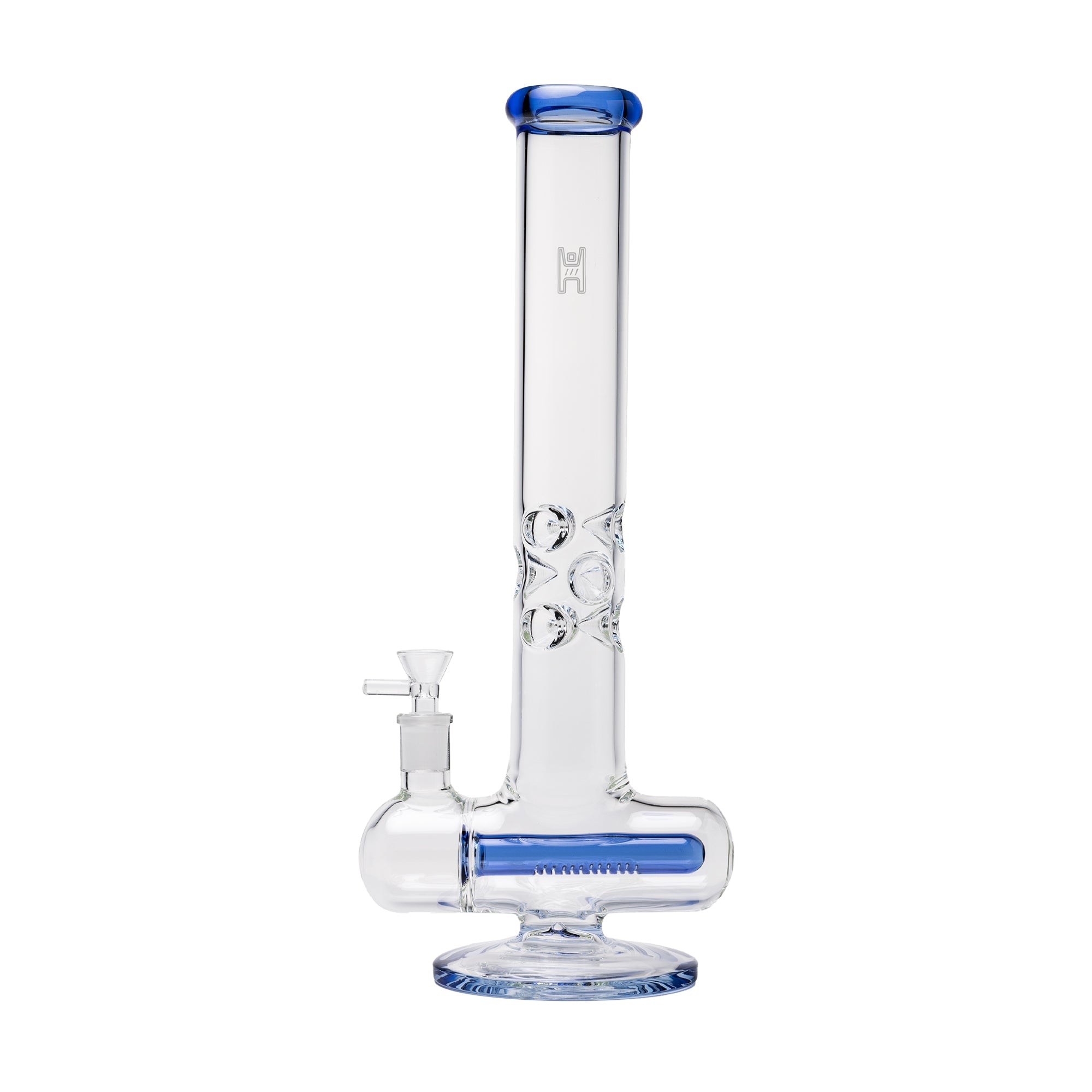 Clear XL glass Inline Percolator water pipe with blue accents on a white background