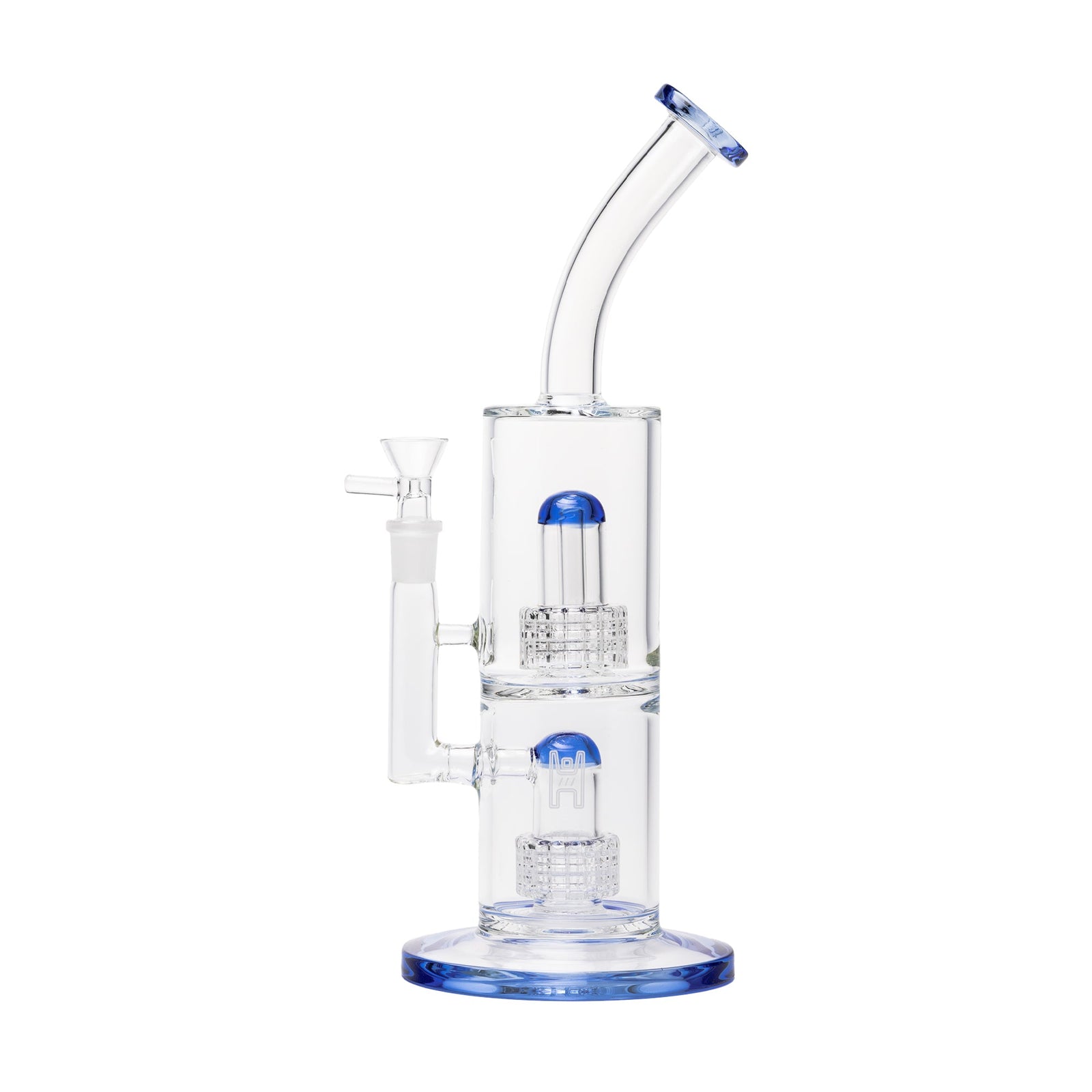 Clear glass Double Perc  water pipe with blue accents on a white background