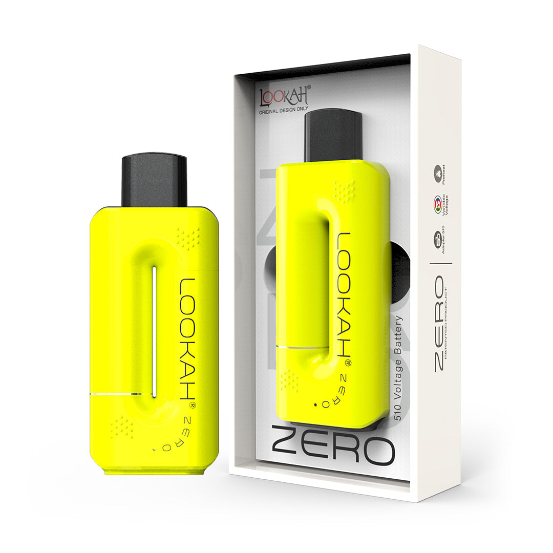 Yellow Lookah ZERO vaping device with packaging on a white background