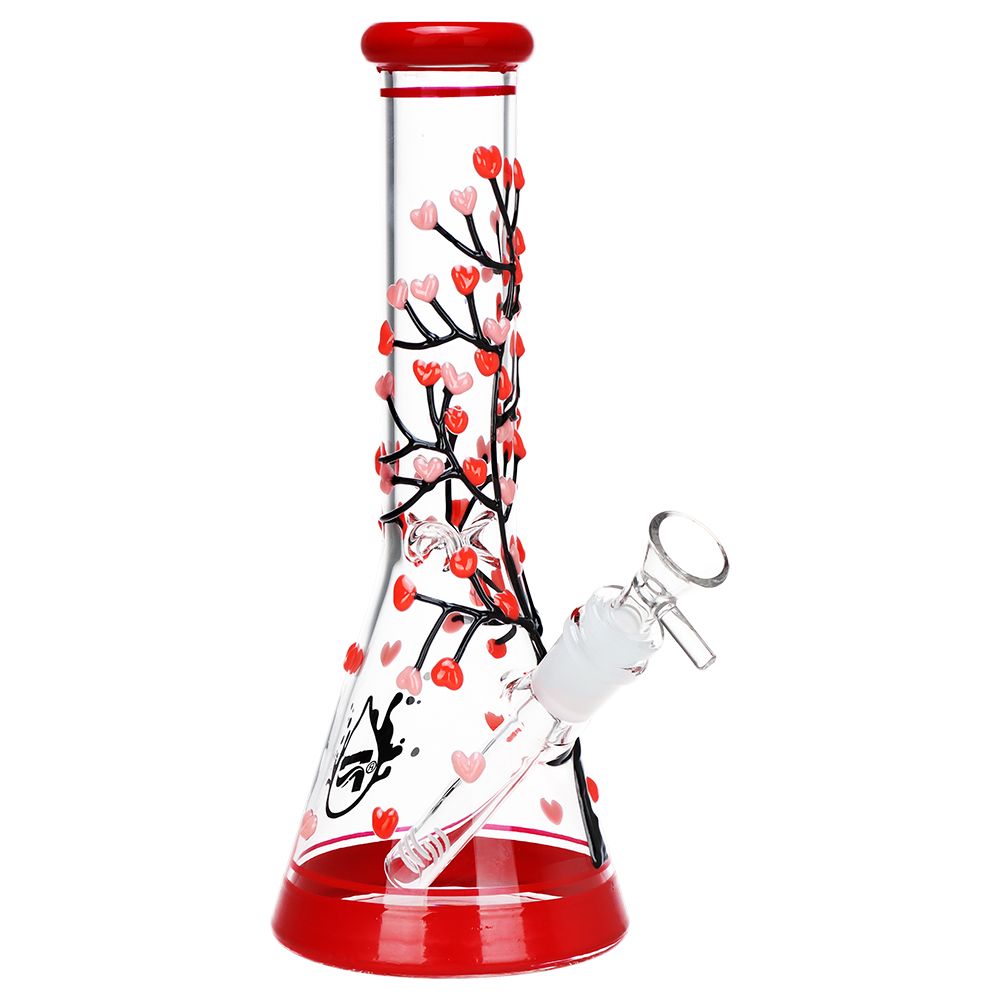 Red and pink hearts glow in the dark glass beaker bong 