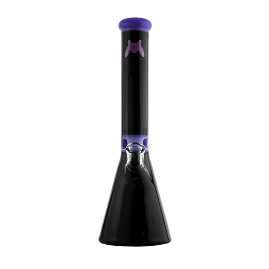 Black and purple glass smoking device on a white background