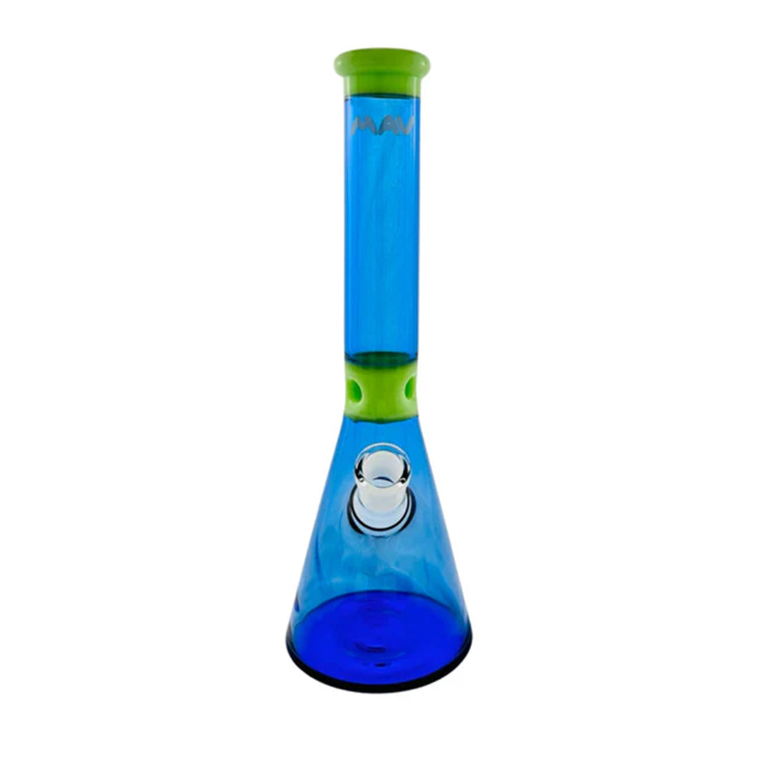 Blue and green glass water pipe with a logo on a white background