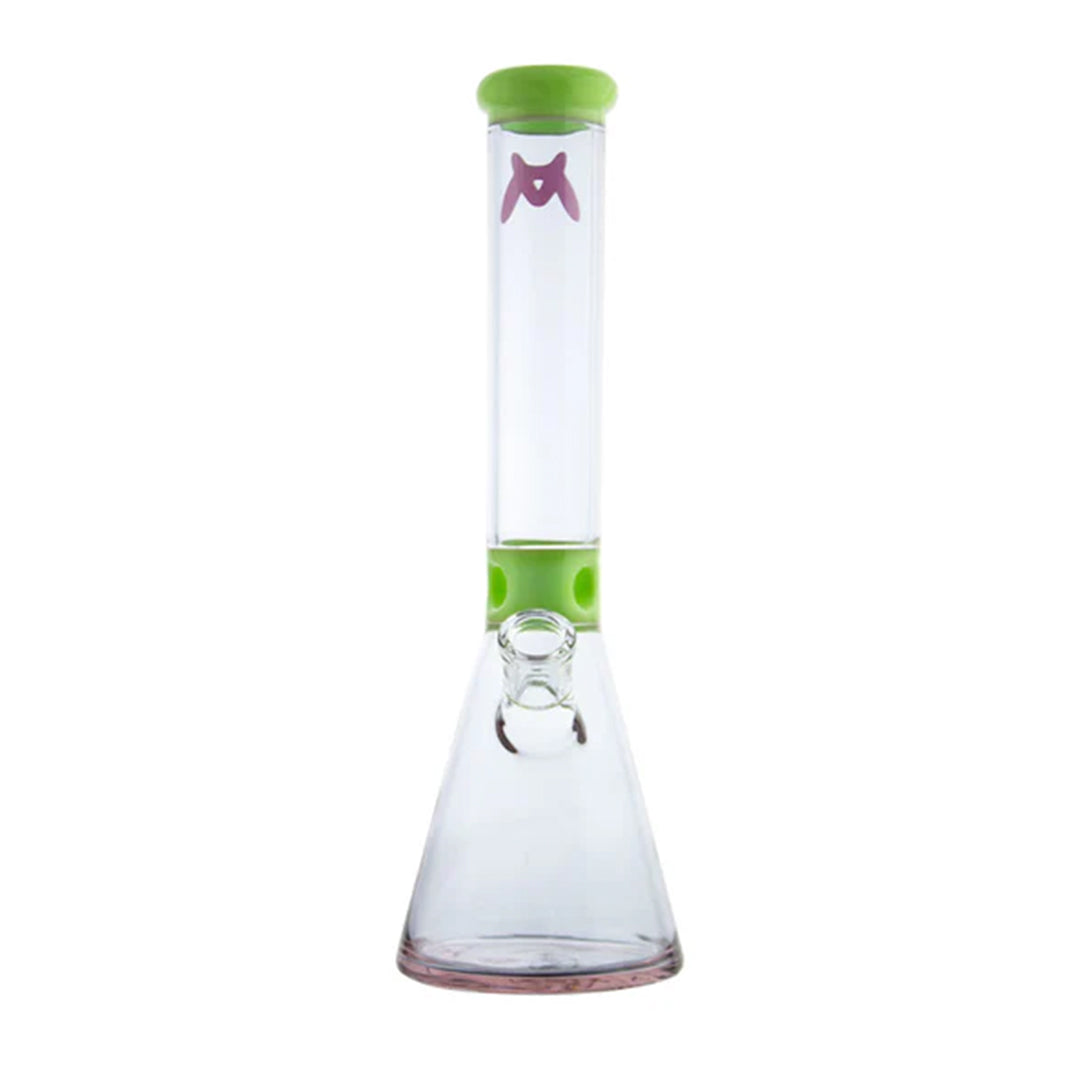 Clear glass water pipe with green accents on a white background