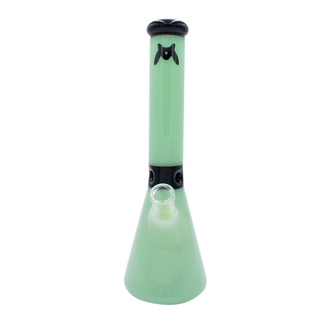 Green glass water pipe with black accents on a white background