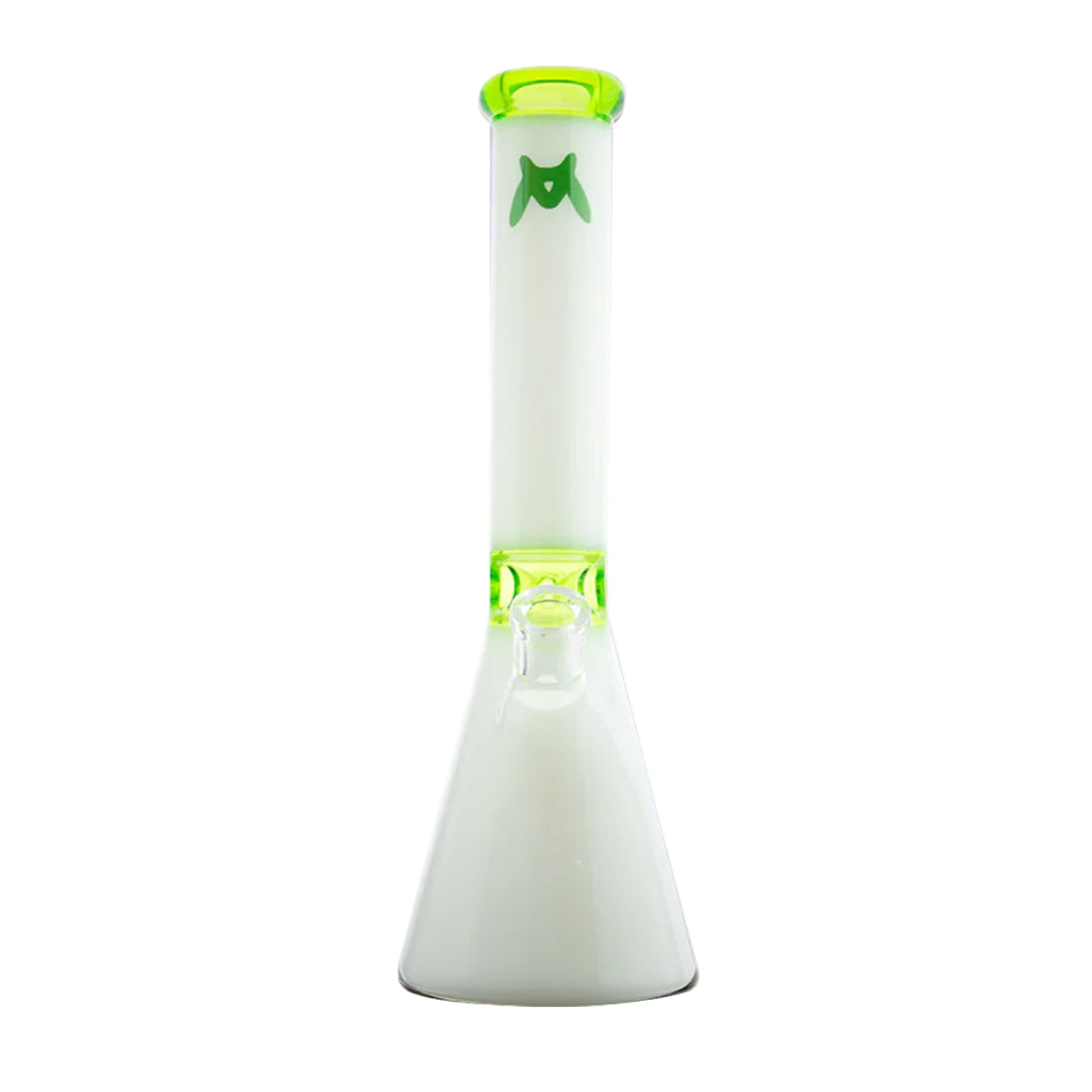 White glass water pipe with green accents on a white background