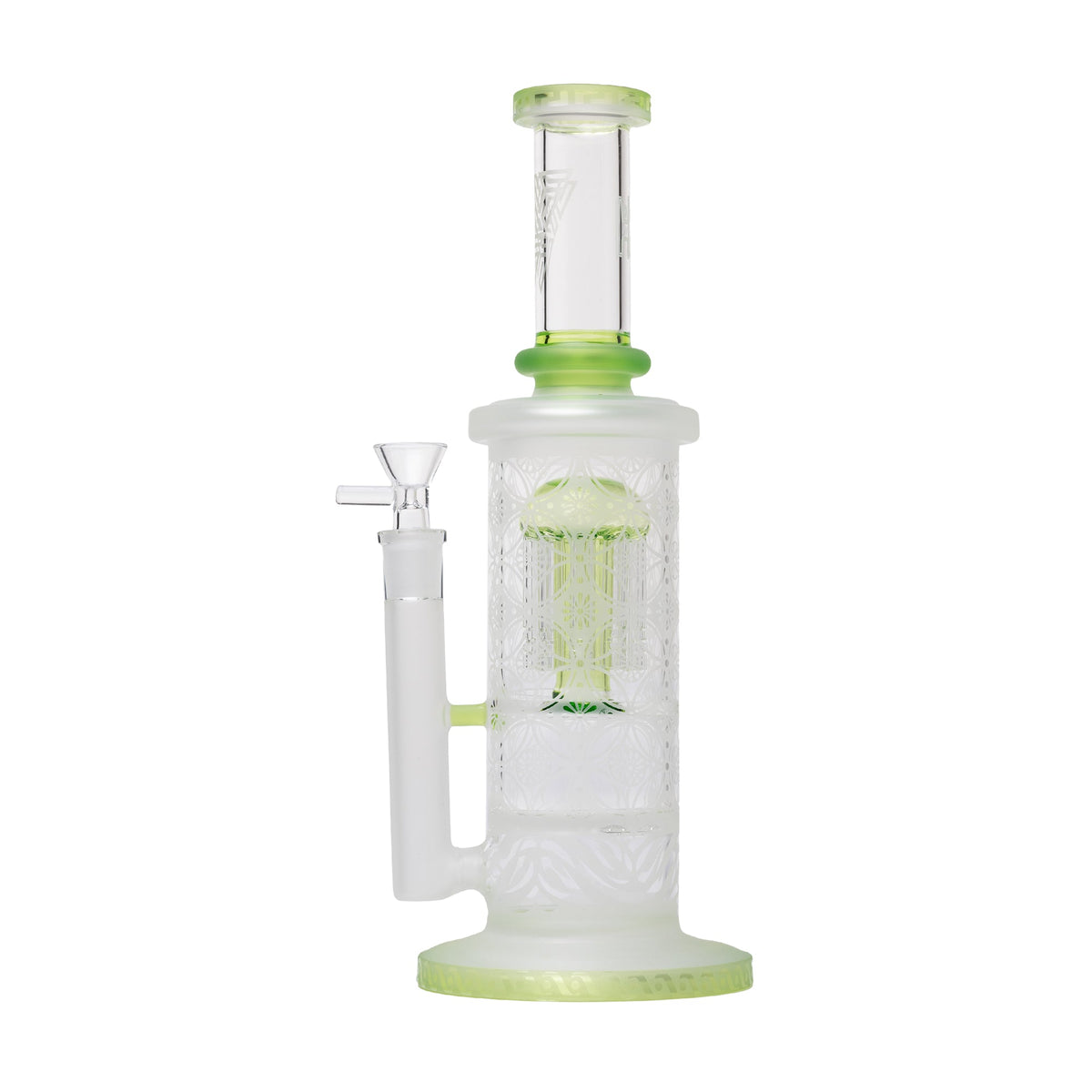 Clear with green Sandblast Double Perc glass water pipe with unique design on a white background