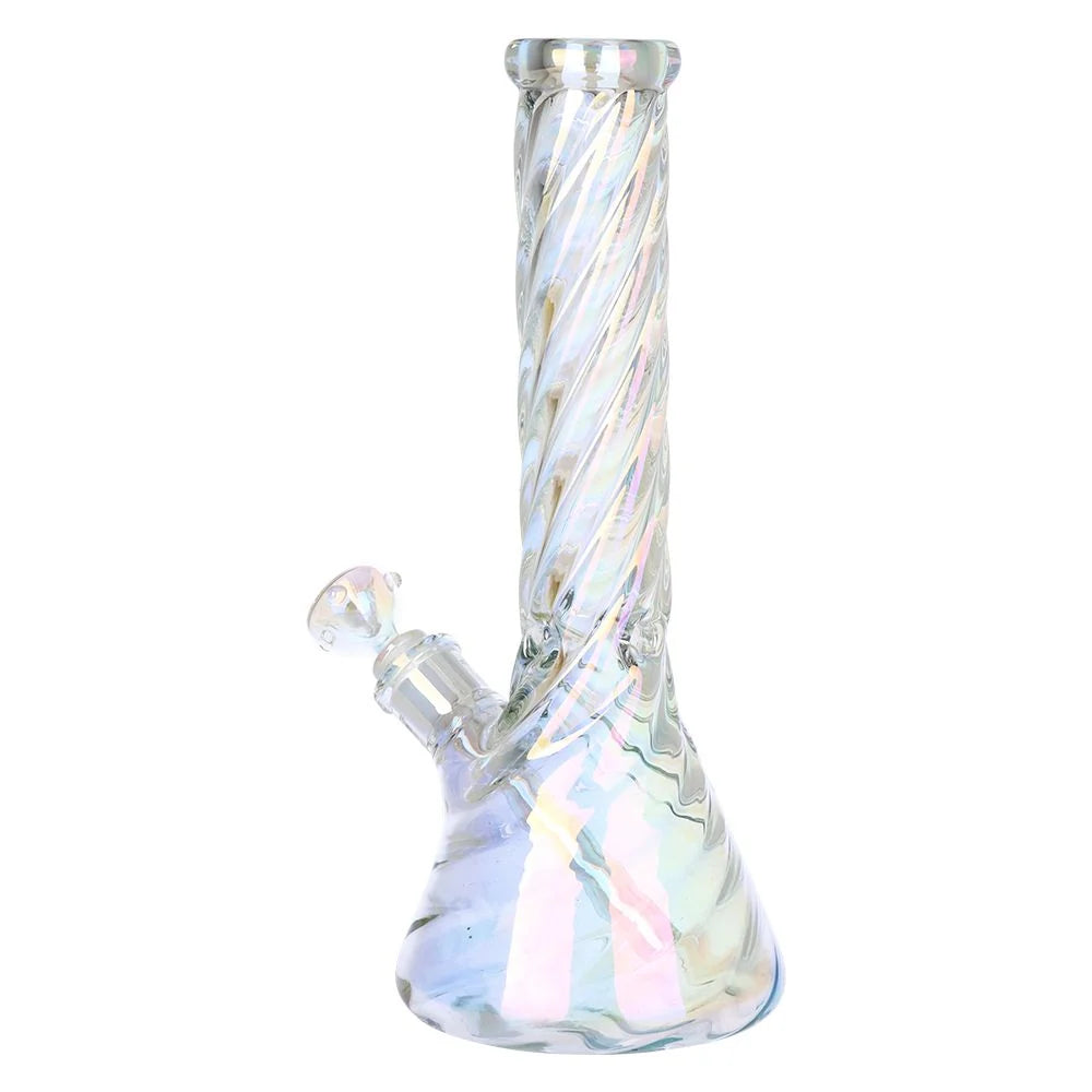 An iridescent glass water pipe with a twisted spiral pattern on the neck and a clear glass bowl, shown against a plain white background.
