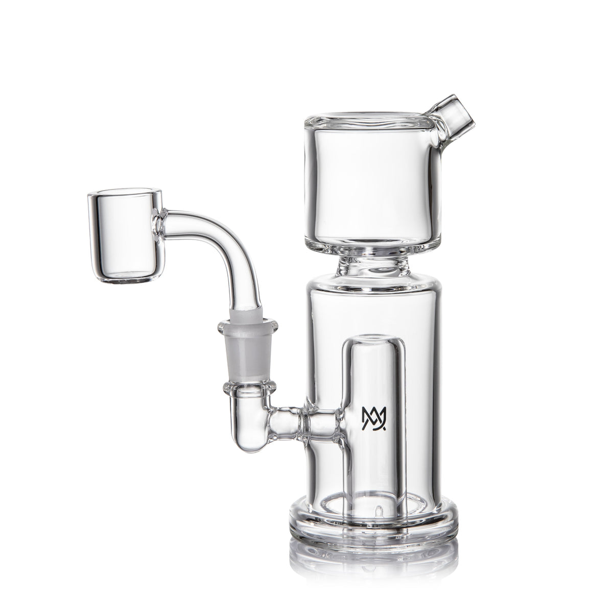 Clear glass water pipe for both flower and wax with a MJ arsenal brand logo on a white background